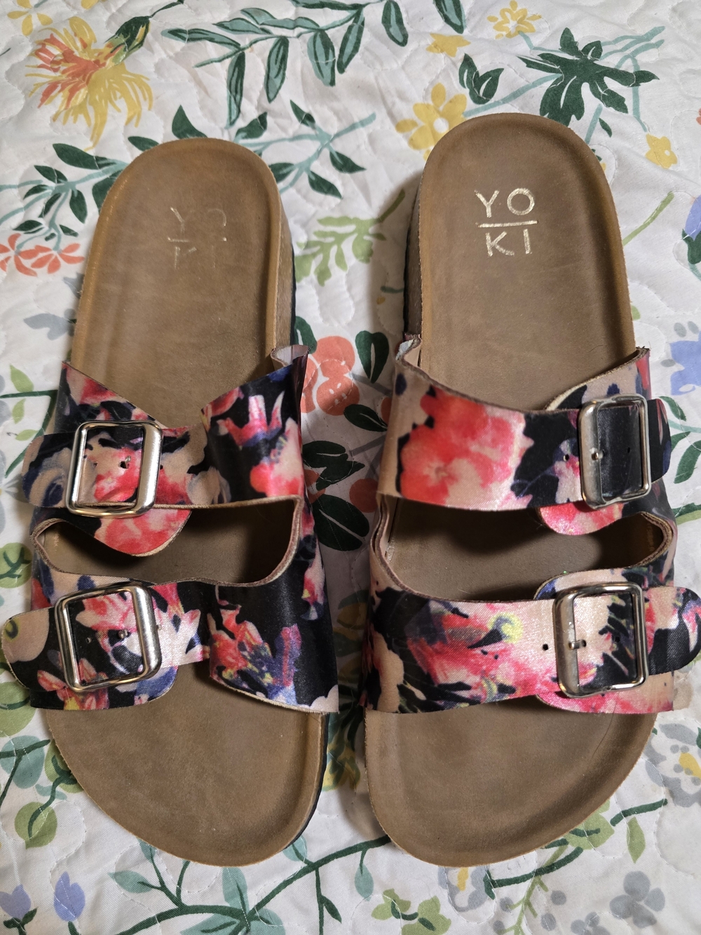 Yoki Women's Floral Double-Buckle Slide Sandals - Black/Pink/Red